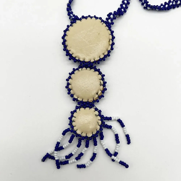 Vintage Handmade Blue Seed Bead Boho Necklace Dream catcher Hide Leather Back - Picture 7 of 8